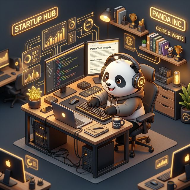 Professional 3D isometric illustration of a Panda content creator workspace